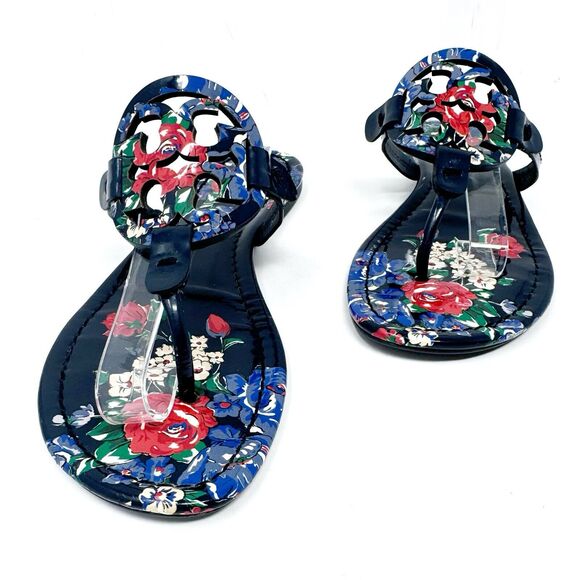 Tory Burch Miller Navy Floral Patent Leather Sandals Size 8 – Tea Rose Print - Picture 2 of 10